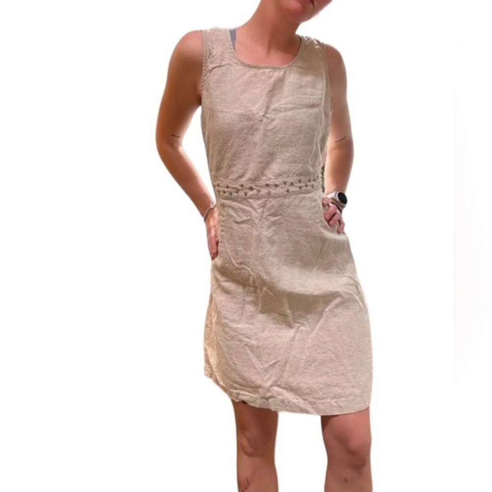 LL BEAN SLEEVELESS LINEN MINIMALIST TAN BEIGE EMBROIDERED DRESS 6